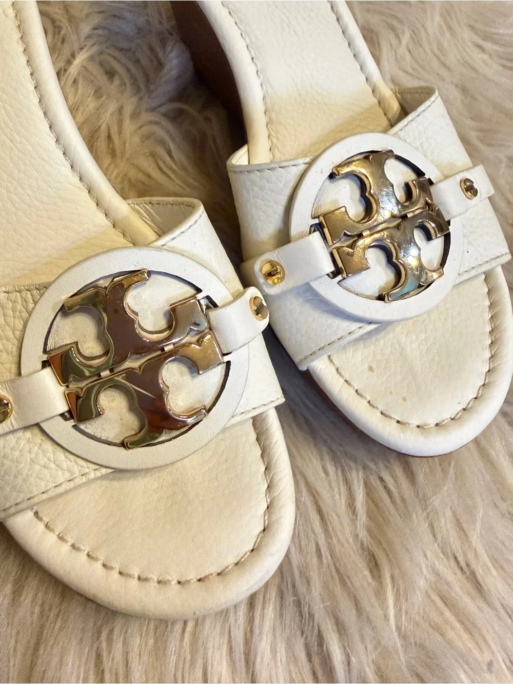 Tory Burch White Selma Leather Double T Logo Wedge Slide Sandals 7.5 M